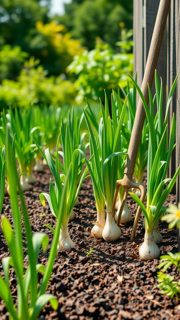 A garlic garden in zone 7 with healthy green plants and a rustic wooden fork.
